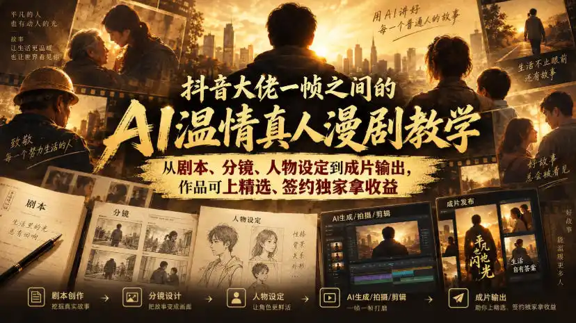 抖音大佬一帧之间的AI温情真人漫剧教学，从剧本、分镜、人物设定到成片输出，作品可上精选、签约独家拿收益-小行网创