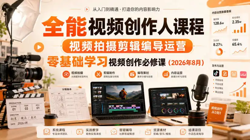 全能视频创作人课程，视频拍摄剪辑编导运营，零基础学习视频创作必修课(2026年8月)-小行网创