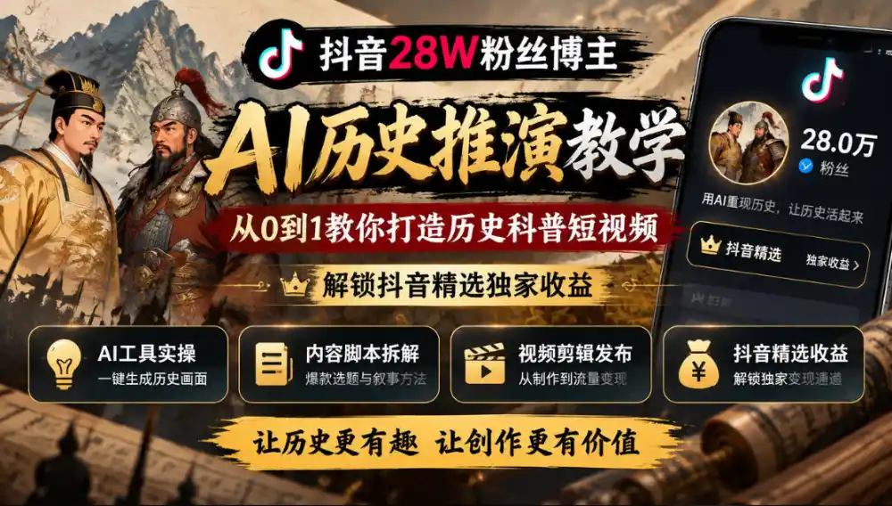 抖音28W粉丝博主的AI历史推演教学，从0到1教你打造历史科普短视频，解锁抖音精选独家收益-小行网创