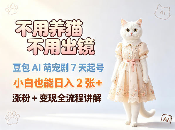 不用养猫不用出镜，豆包AI萌宠剧7天起号，小白也能日入2张+，涨粉+变现全流程讲解-小行网创