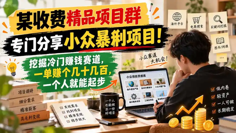 某收费精品项目群,专门分享小众暴俐项目!挖掘冷门赚钱赛道,一单赚个几十几百,一个人就能起步-小行网创