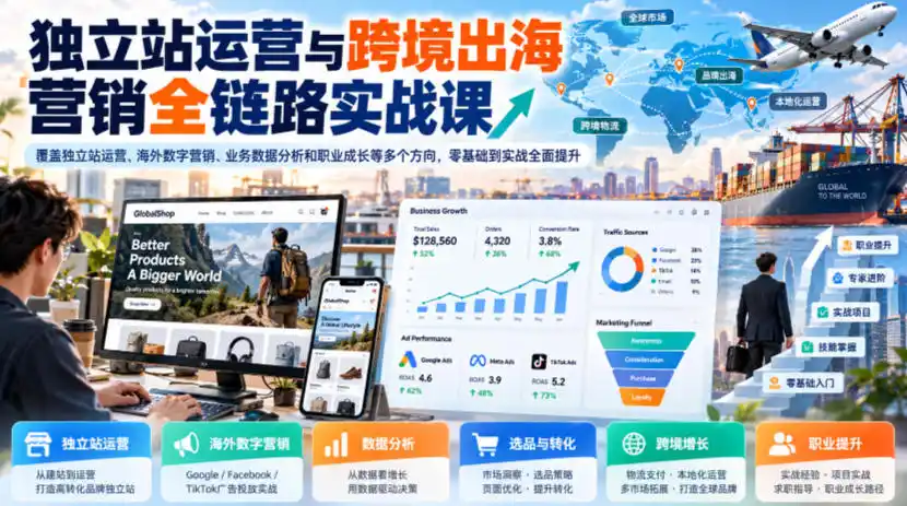 独立站运营与跨境出海营销全链路实战课，覆盖独立站运营、海外数字营销、业务数据分析和职业成长等多个方向，零基础到实战全面提升-小行网创