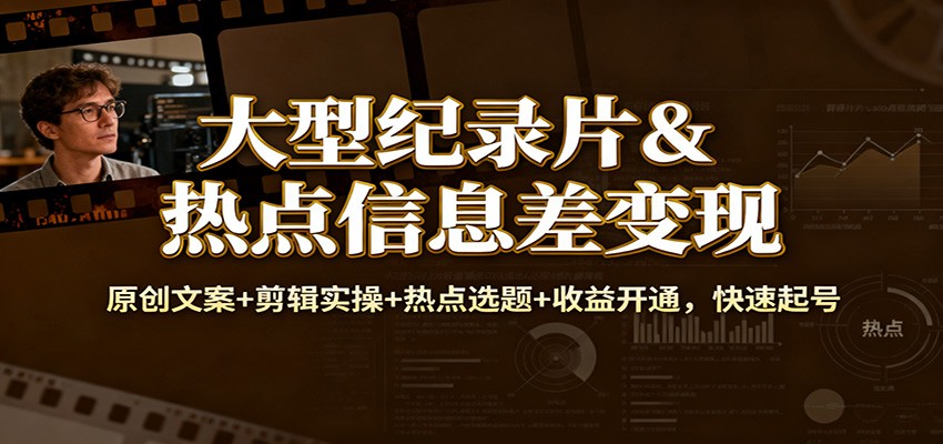 大型纪录片&热点信息差变现：原创文案+剪辑实操+热点选题+收益开通，快速起号-小行网创