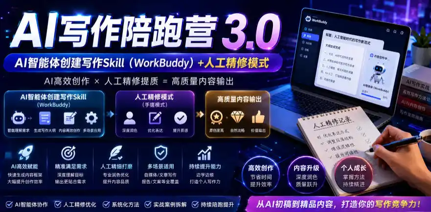 AI写作陪跑营3.0,Ai智能体创建写作skill(workbuddy)+人工手写模式(手搓模式),去除AI痕迹(头条号、公众号、百家号)(更新0814)-小行网创