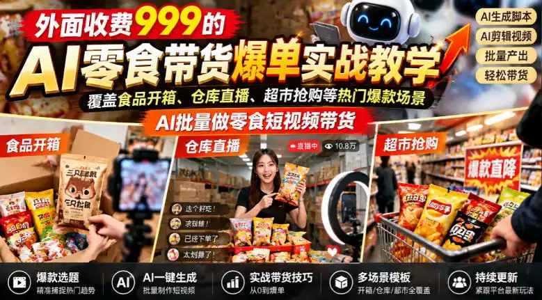 外面收费999的AI零食带货爆单实战教学，覆盖食品开箱、仓库直播、超市抢购等热门爆款场景，AI批量做零食短视频带货-小行网创