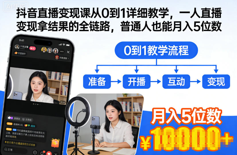 抖音直播变现课从0到1详细教学,一人直播变现拿结果的全链路,普通人也能月入5位数-小行网创