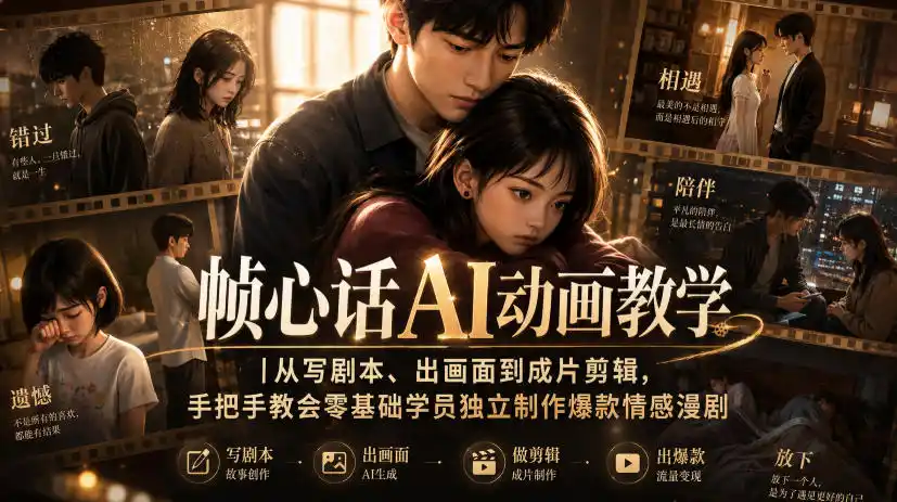 帧心话AI动画教学|从写剧本、出画面到成片剪辑,手把手教会零基础学员独立制作爆款情感漫剧-小行网创