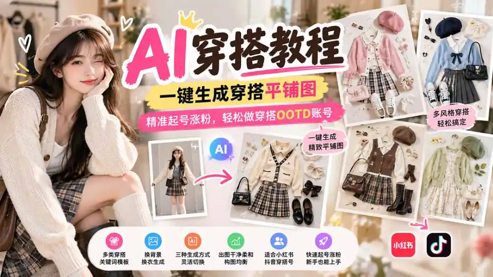 【无水印】AI穿搭教程｜一键生成穿搭平铺图，精准起号涨粉，轻松做穿搭OOTD账号-小行网创