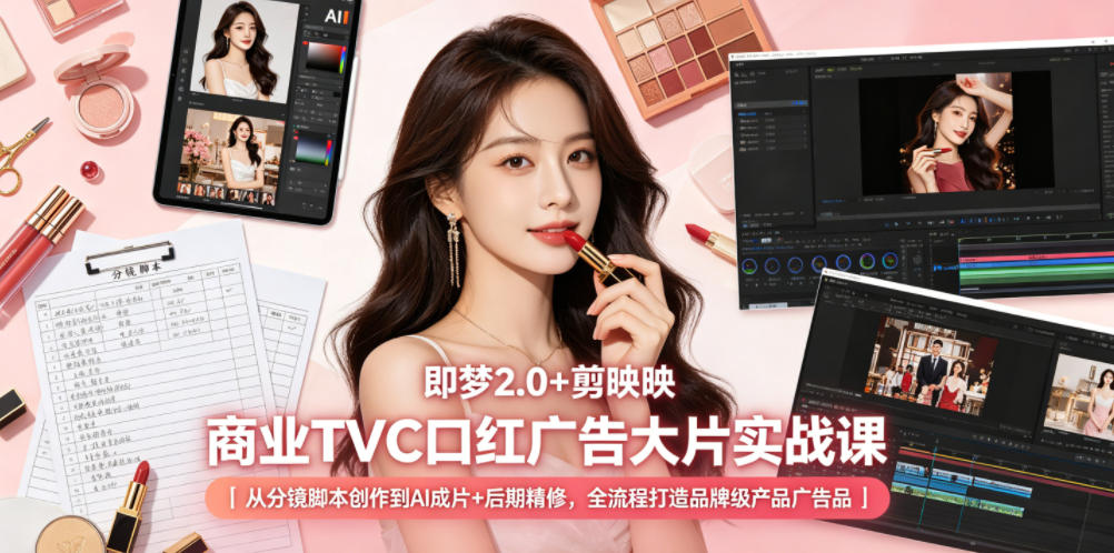 即梦2.0+剪映商业TVC口红广告大片实战课|从分镜脚本创作到AI成片+后期精修,全流程打造品牌级产品广告-小行网创