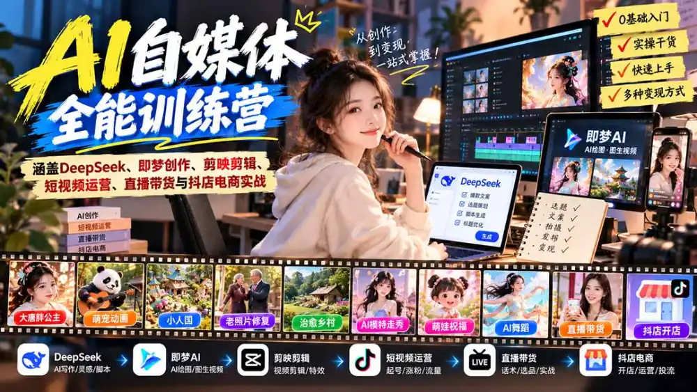 【无水印】AI+自媒体全能训练营：涵盖DeepSeek、即梦创作、剪映剪辑、短视频运营、直播带货与抖店电商实战-小行网创