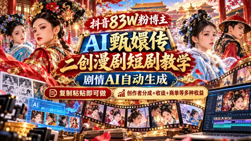抖音83W粉博主AI甄嬛传二创漫剧短剧教学|剧情AI自动生成,复制粘贴即可做,各大平台创作者分成+收徒等多种收益-小行网创