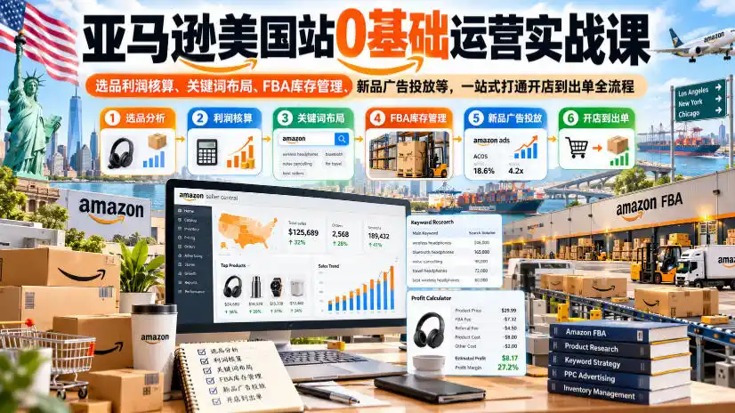 亚马逊美国站0基础运营实战课|选品利润核算、关键词布局、FBA库存管理、新品广告投放等,一站式打通开店到出单全流程-小行网创