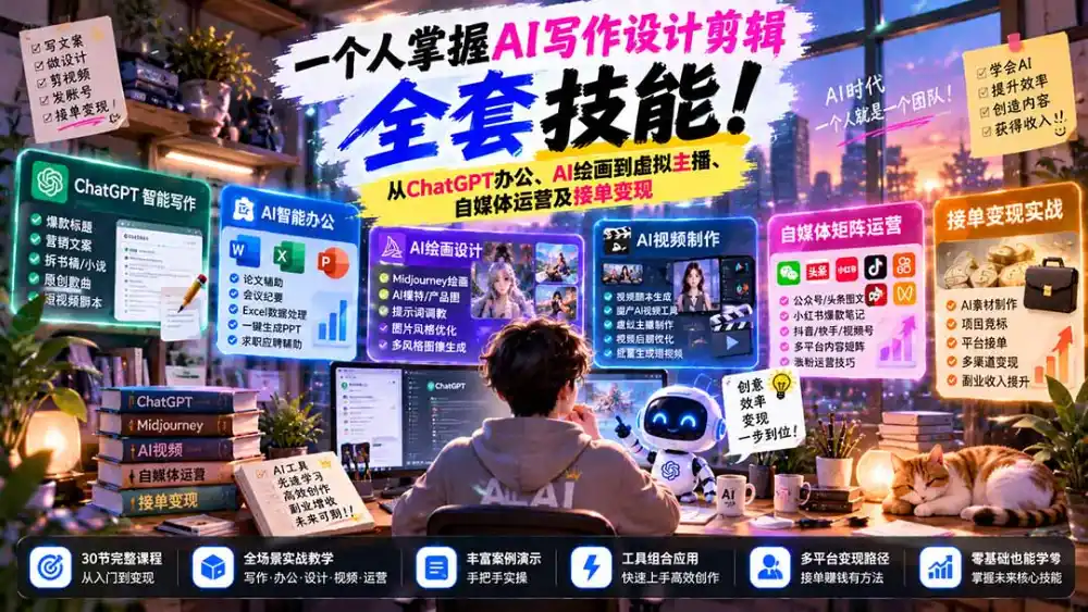 一个人掌握AI写作设计剪辑全套技能：从ChatGPT办公、AI绘画到虚拟主播、自媒体运营及接单变现-小行网创