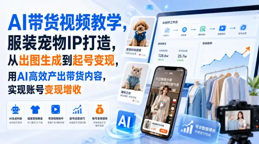 AI带货视频教学,服装宠物IP打造,从出图生成到起号变现,用AI高效产出带货内容,实现账号变现增收-小行网创