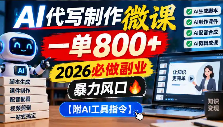 AI代写制作微课，一单800+，2026必做副业，暴力风口【附AI工具指令】【揭秘】-小行网创