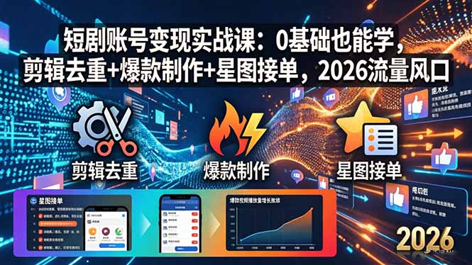 短剧账号变现实战课：0基础也能学，剪辑去重+爆款制作+星图接单，2026流量风口-小行网创