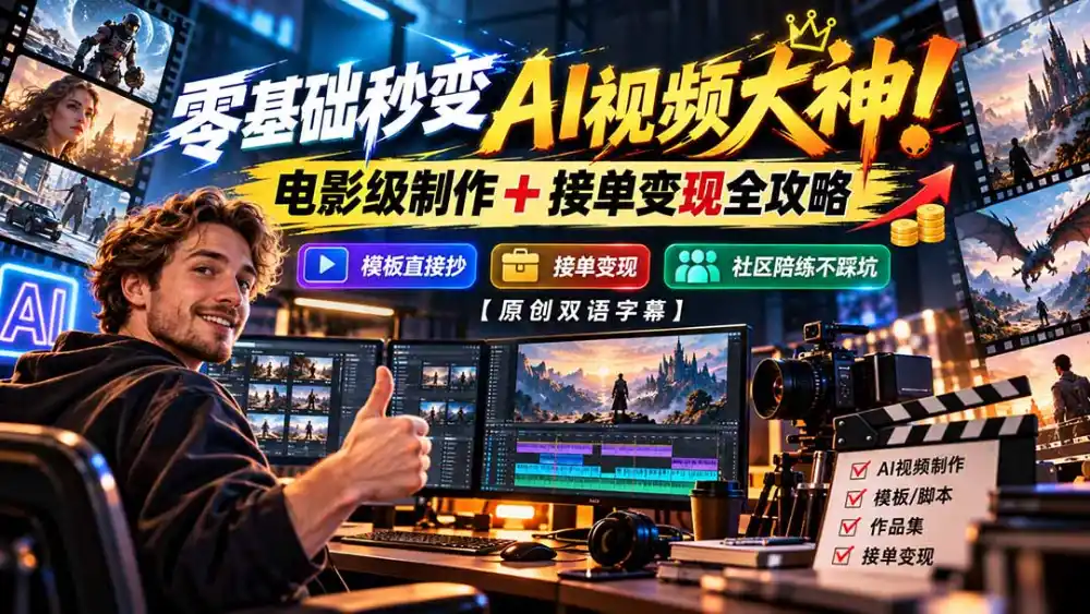 零基础秒变AI视频大神！电影级制作 + 接单变现全攻略，模板直接抄，社区陪练不踩坑【原创双语字幕】-小行网创