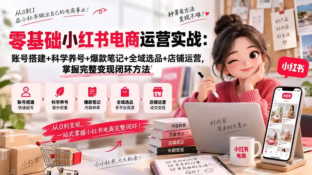零基础小红书电商运营实战：账号搭建+科学养号+爆款笔记+全域选品+店铺运营，掌握完整变现闭环方法-小行网创