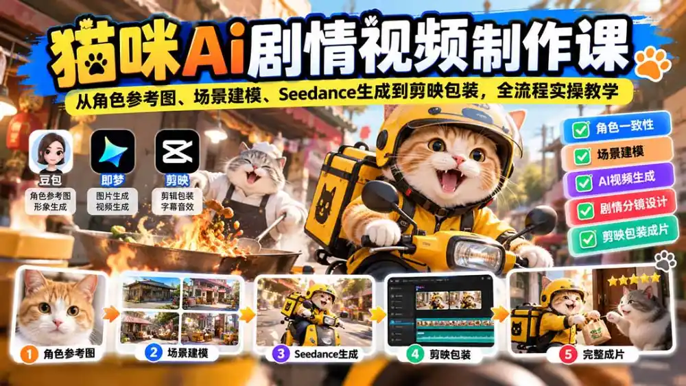 猫咪AI剧情视频制作课:从角色参考图、场景建模、Seedance生成到剪映包装,全流程实操教学-小行网创