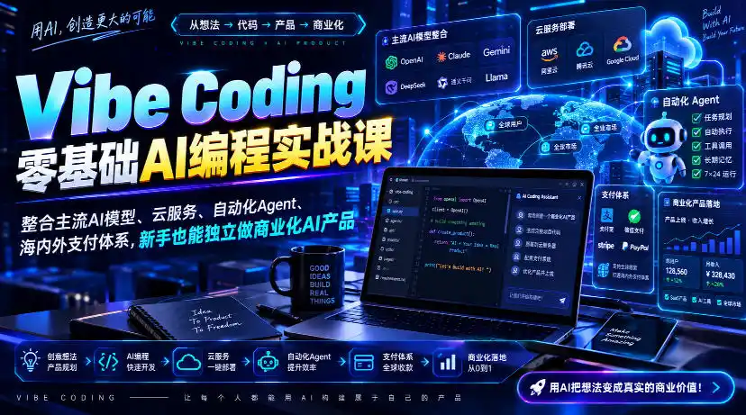 Vibe Coding零基础AI编程实战课-无水印，整合主流AI模型、云服务、自动化Agent、海内外支付体系，新手也能独立做商业化AI产品-小行网创