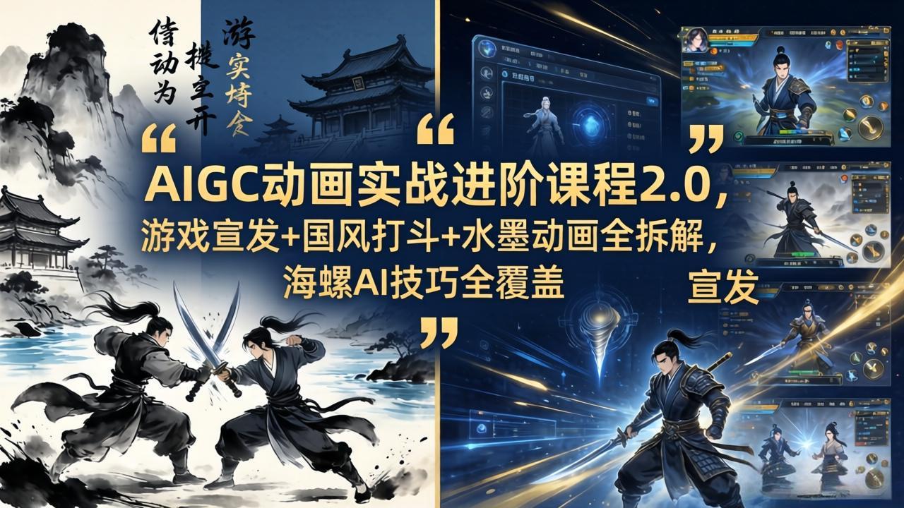 AIGC动画实战进阶课程2.0，游戏宣发+国风打斗+水墨动画全拆解，海螺AI技巧全覆盖-小行网创