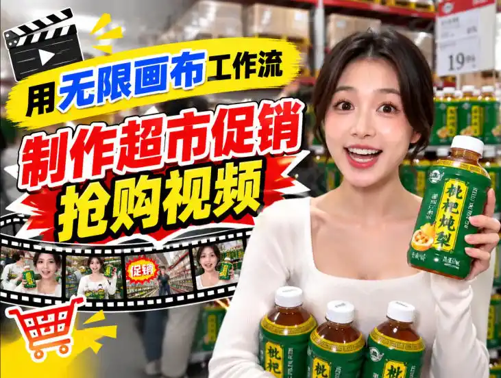 无限画布超市促销抢购视频工作流,一键产出TikTok抖音带货短视频-小行网创