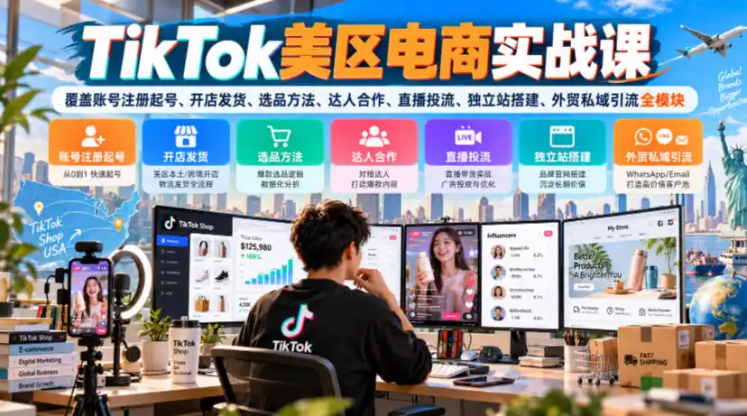 TikTok美区电商实战课，覆盖账号注册起号、开店发货、选品方法、达人合作、直播投流、独立站搭建、外贸私域引流全模块-小行网创