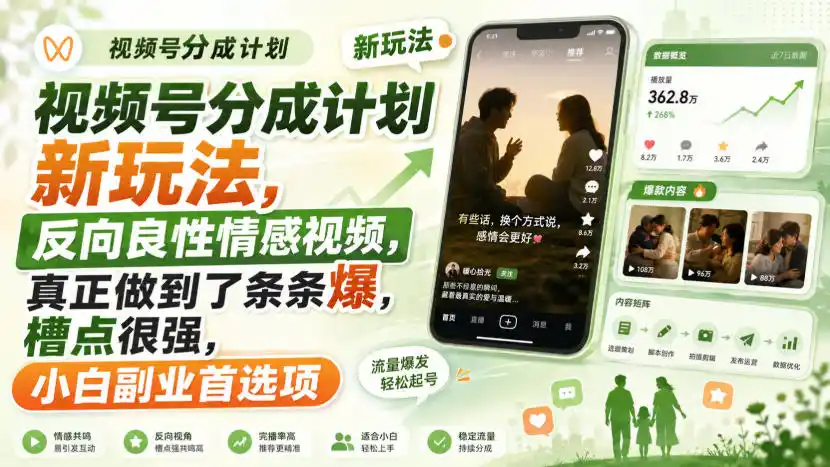 视频号分成计划新玩法,反向良性情感视频,真正做到了条条爆,槽点很强,小白副业首选项-小行网创