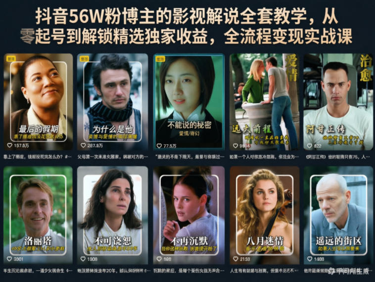 抖音56W粉博主的影视解说全套教学,从零起号到解锁精选独家收益,全流程变现实战课-小行网创