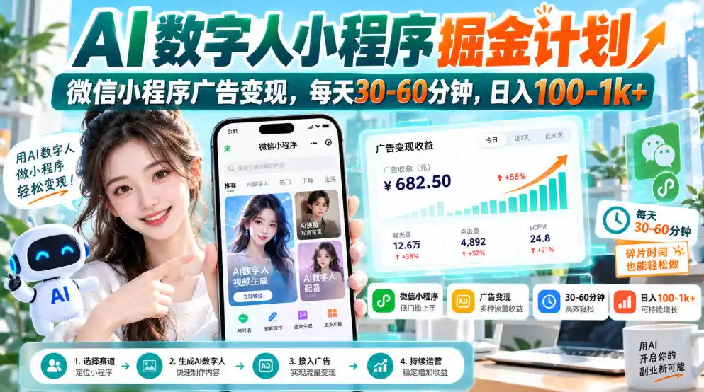 【无水印】AI数字人小程序掘金计划,微信小程序广告变现,每天30‑60分钟,日入100‑1k+-小行网创