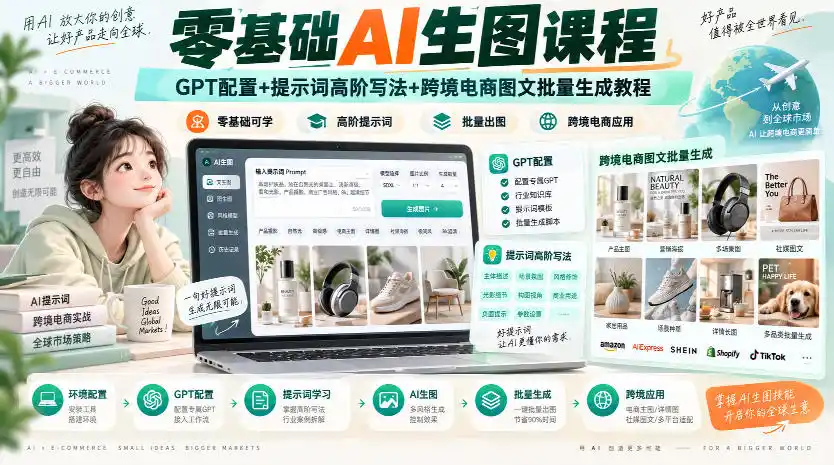 零基础AI生图课程,GPT配置+提示词高阶写法+跨境电商图文批量生成教程-小行网创