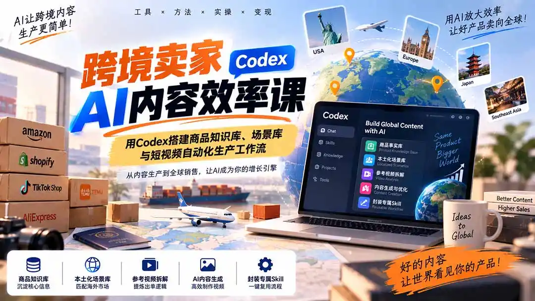 跨境卖家AI内容效率课：用Codex搭建商品知识库、场景库与短视频自动化生产工作流-小行网创