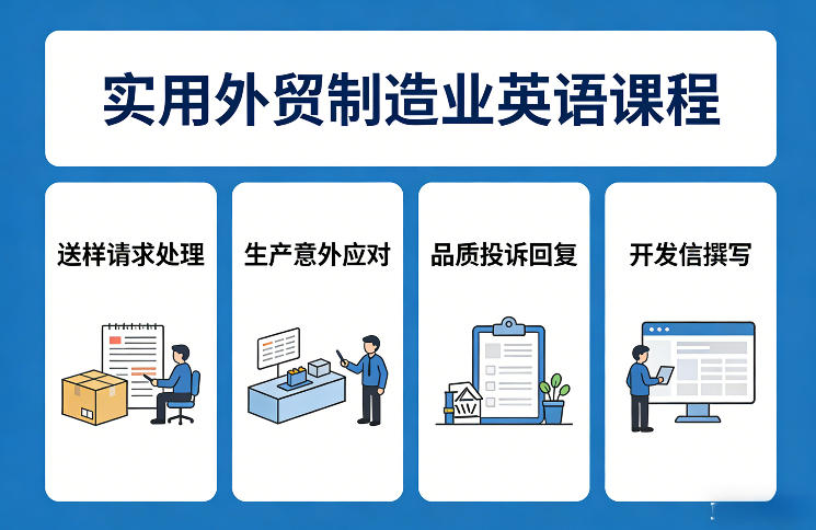 实用外贸制造业英语课程，教你专业处理送样请求、应对生产意外、回复品质投诉、撰写开发信等-小行网创