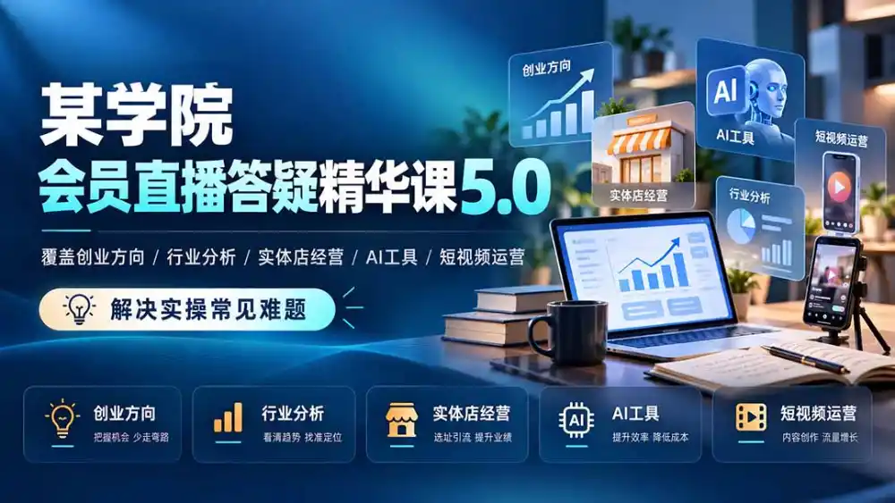 某学院会员直播答疑精华课5.0：覆盖创业方向、行业分析、实体店经营、AI工具和短视频运营，解决实操常见难题！-小行网创