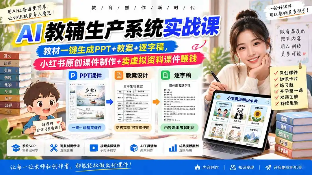 AI教辅生产系统实战课｜教材一键生成PPT+教案+逐字稿，小红书原创课件制作+卖虚拟资料课件赚钱-小行网创