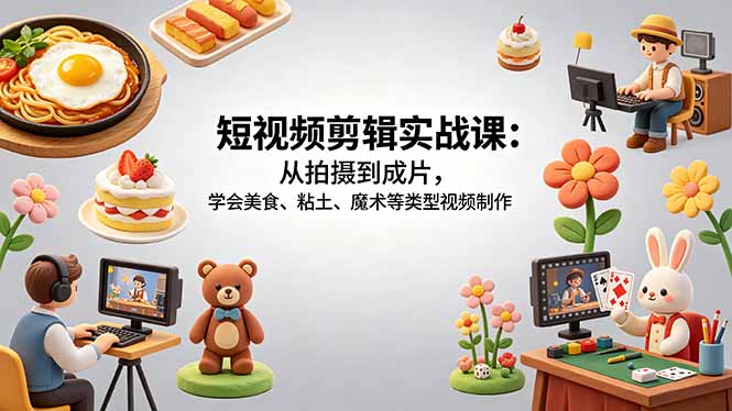 短视频剪辑实战课：从拍摄到成片，学会美食、粘土、魔术等类型视频制作-小行网创
