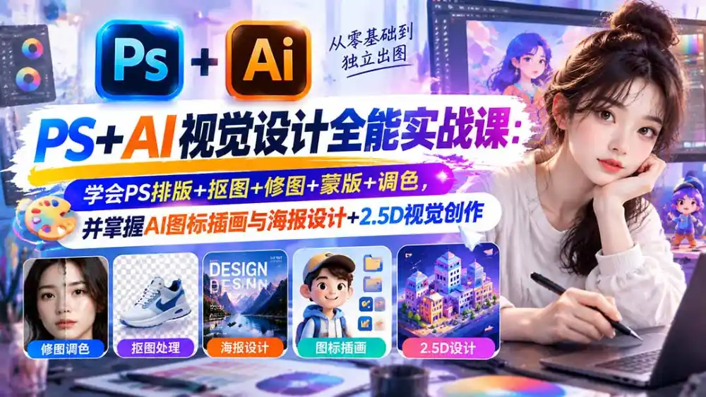 【无水印】PS+AI视觉设计全能实战课：学会PS排版+抠图+修图+蒙版+调色，并掌握AI图标插画与海报设计+2.5D视觉创作-小行网创