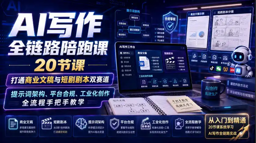 AI写作全链路陪跑课｜20节课打通商业文稿与短剧剧本双赛道，提示词架构、平台合规、工业化创作全流程手把手教学-小行网创