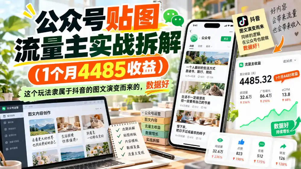 公众号贴图流量主实战拆解(1个月4485收益),这个玩法隶属于抖音的图文演变而来的,数据好-小行网创