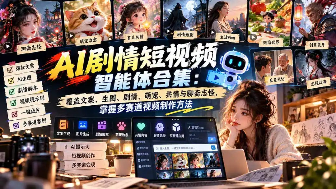 【无水印】AI剧情短视频智能体合集：覆盖文案、生图、剧情、萌宠、共情与聊斋志怪，掌握多赛道视频制作方法-小行网创