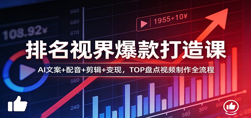 排名视界爆款打造课:AI文案+配音+剪辑+变现,TOP盘点视频制作全流程-小行网创