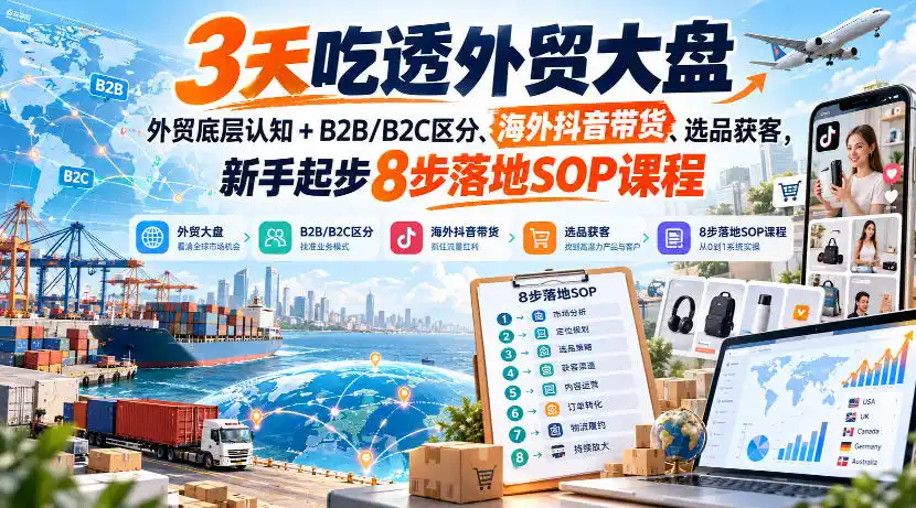 3天吃透外贸大盘，外贸底层认知+B2B/B2C区分、海外抖音带货、选品获客，新手起步8步落地SOP课程-小行网创