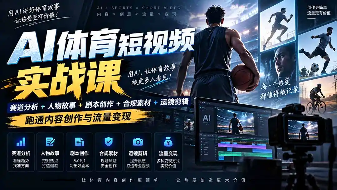 AI体育短视频赛道顶级玩法|赛道分析+人物故事+剧本创作+版权处理+运镜剪辑,跑通流量变现-日赚1K+-小行网创