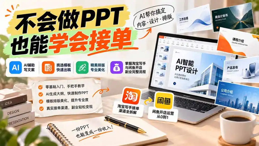 不会做PPT也能学会接单:AI辅助写文案、挑模板、做排版,掌握淘宝写手与闲鱼开店副业完整流程-小行网创