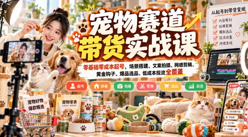 宠物赛道带货实战课,零基础零成本起号,场景搭建、文案拍摄、网感剪辑、黄金钩子、爆品选品、低成本投流全覆盖-小行网创
