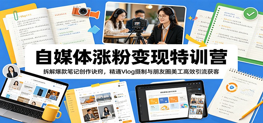 自媒体涨粉变现特训营:拆解爆款笔记创作诀窍,精通Vlog摄制与朋友圈美工高效引流获客-小行网创
