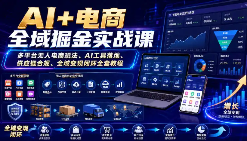 AI+电商全域掘金实战课|多平台无人电商玩法、AI工具落地、供应链合规、全域变现闭环全套教程-小行网创