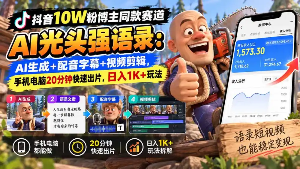 【无水印】抖音10W粉博主同款赛道AI光头强语录：AI生成+配音字幕+视频剪辑，手机电脑20分钟快速出片，日入1K+玩法-小行网创
