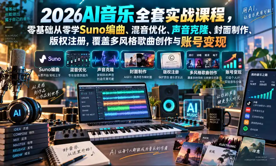 2026AI音乐实战课程，零基础从零学Suno编曲、混音优化、声音克隆、版权注册，覆盖多风格歌曲创作与账号变现-小行网创