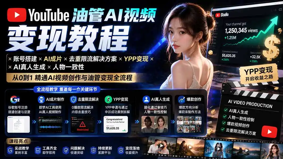 YouTube油管AI视频变现教程-更新:账号搭建×AI成片×去重限流解决方案×YPP变现×AI真人生成×人物一致性-小行网创